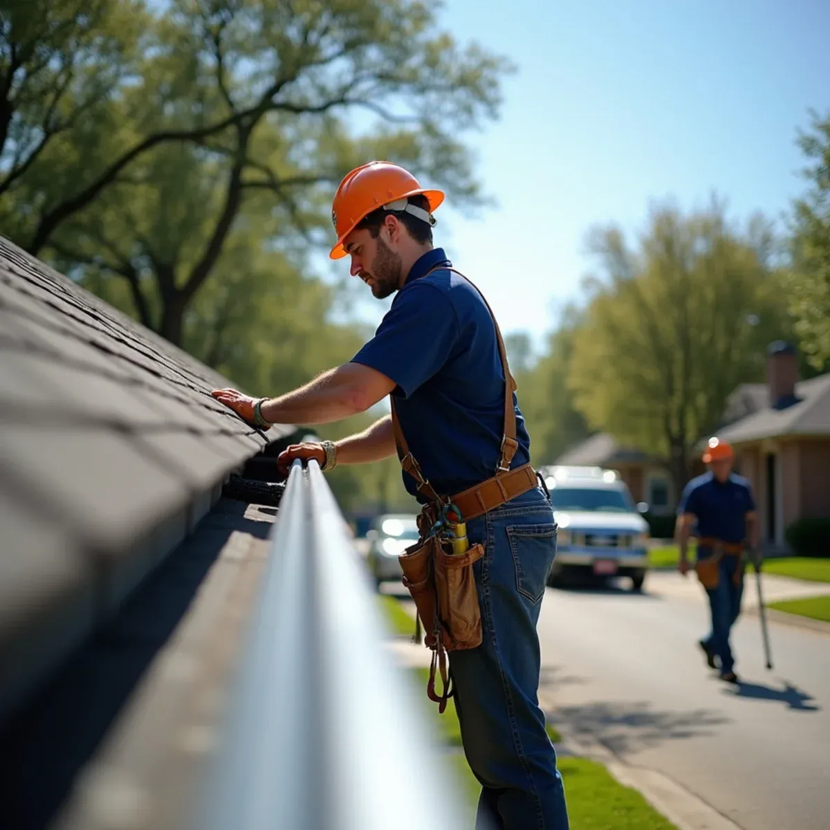 Installer mounting high-capacity 6-inch K-style seamless aluminum gutter under steep roof valley on Houston home