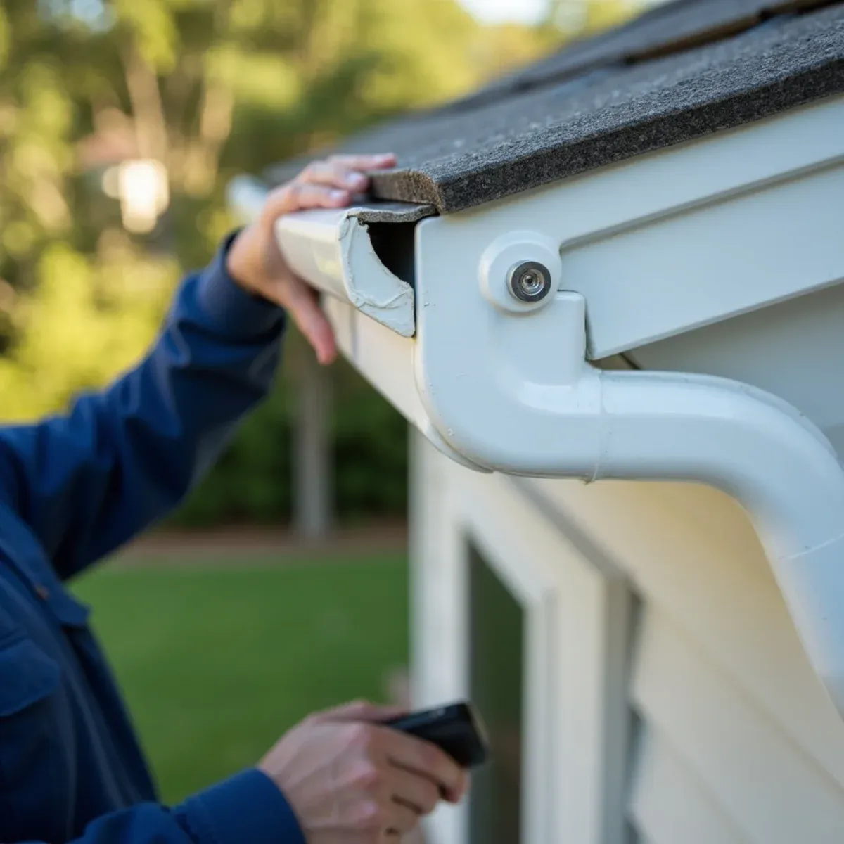 Color-matched white aluminum downspout straps securing downspout firmly against siding