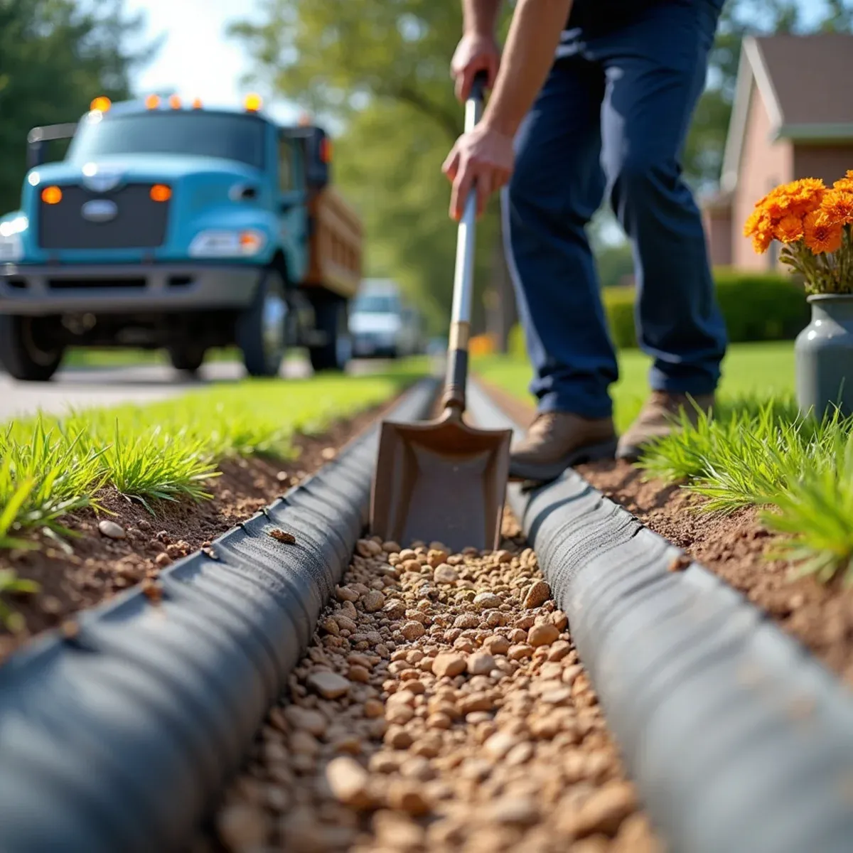 Shoveling clean round river stone over drainage pipe to create high-permeability water channel