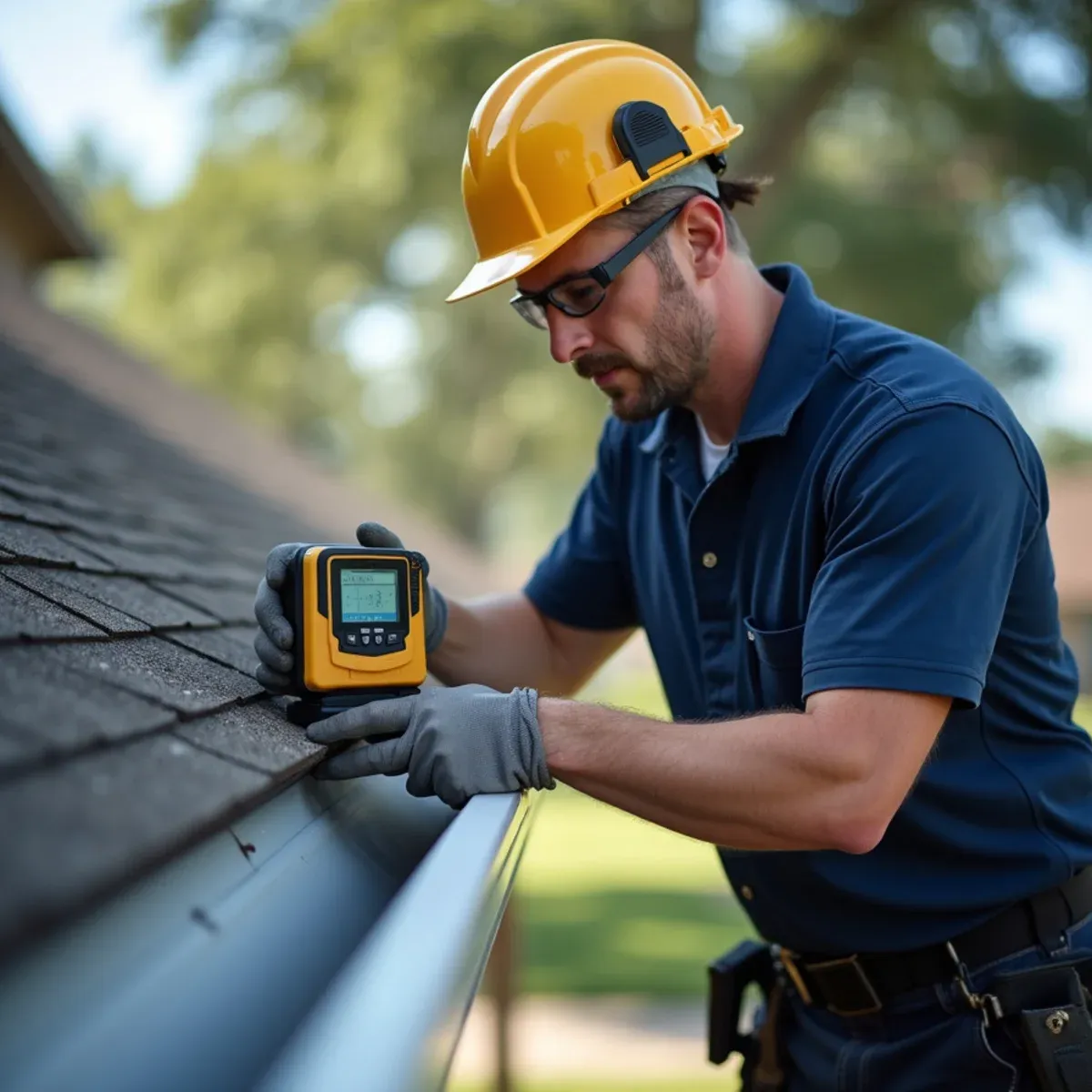 Technician measuring precise roofline perimeter using handheld digital laser distance meter