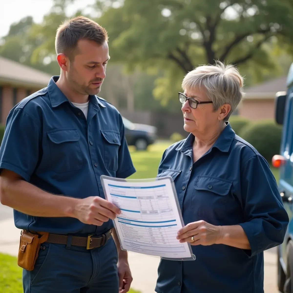Reviewing transparent line-item estimate covering materials, labor, and warranty with homeowner