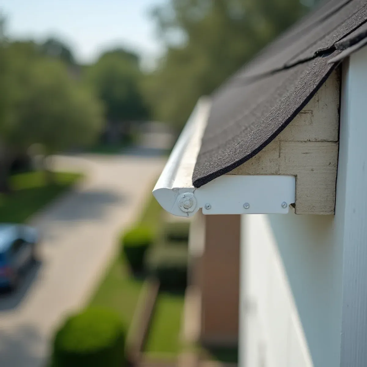 Loose gutter trough pulling away from wood fascia board leaving visible gap under drip edge