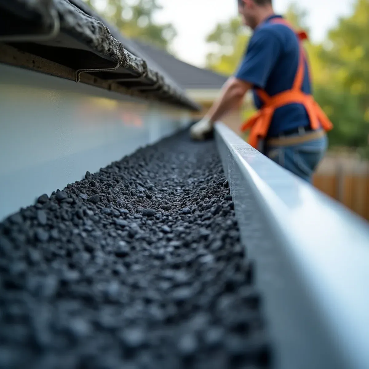 Heavy accumulation of dislodged asphalt shingle granules washed into gutter trough after hail storm