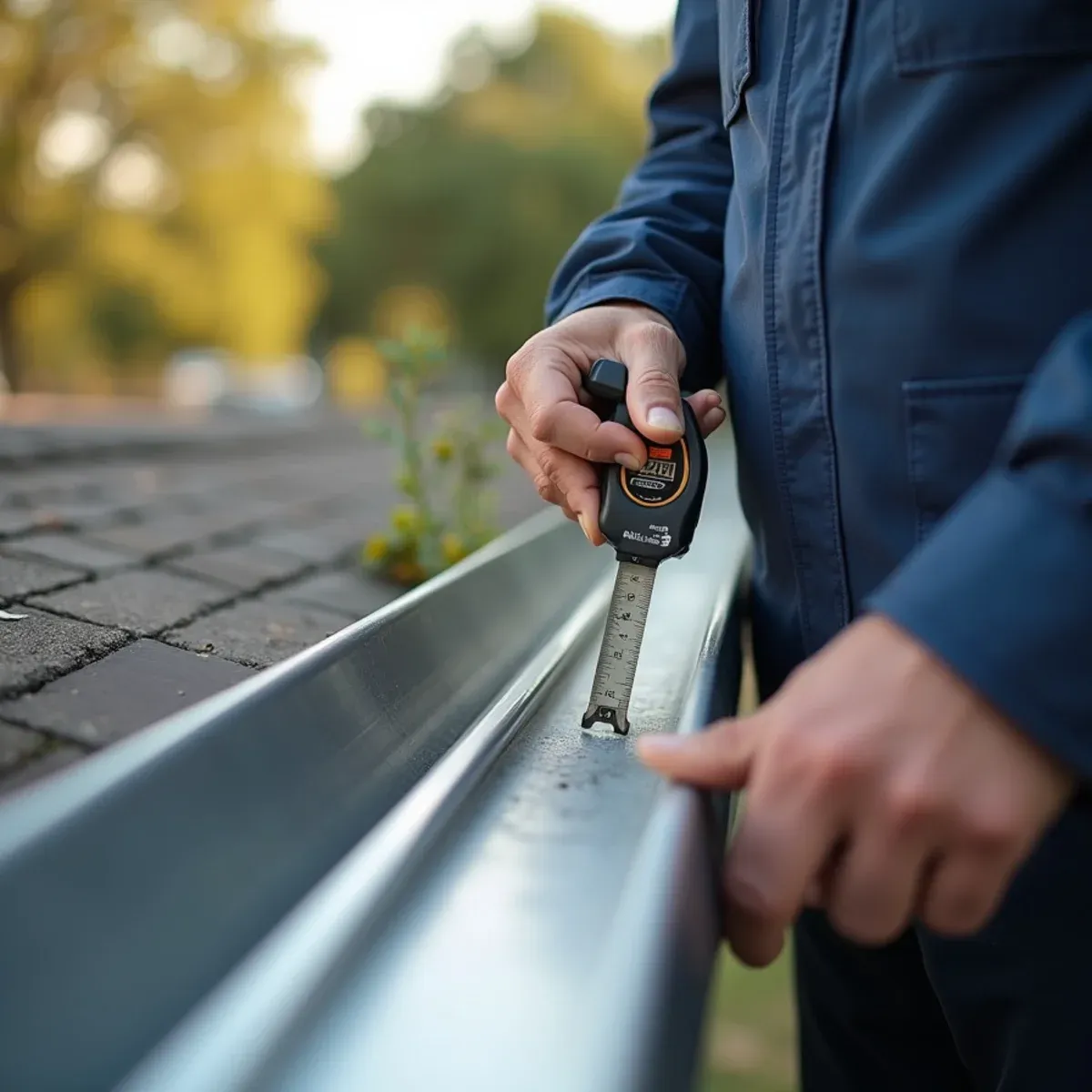 Holding tape measure beside hail strike mark on gutter for insurance claim documentation