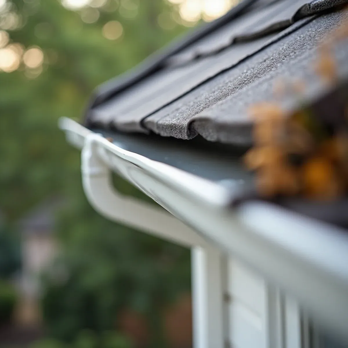 Low-profile K-style gutter blending harmoniously with roofline trim and brick facade