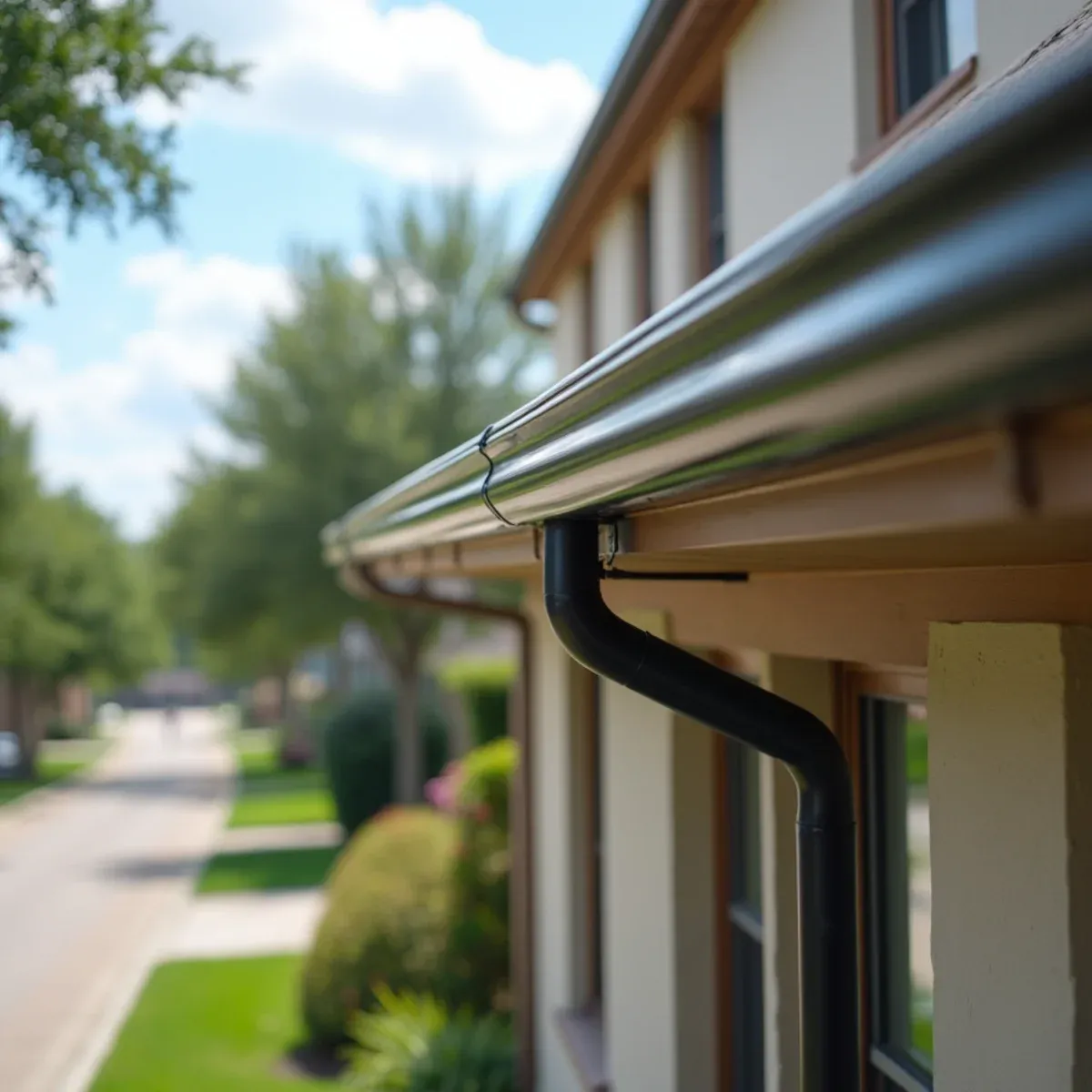Architectural seamless gutters matching exterior trim color on executive home in master-planned community