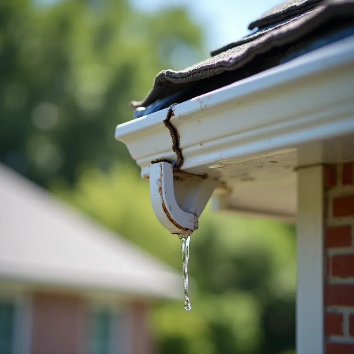 Close-up of water dripping through failed caulked slip joint on old sectional retail gutter