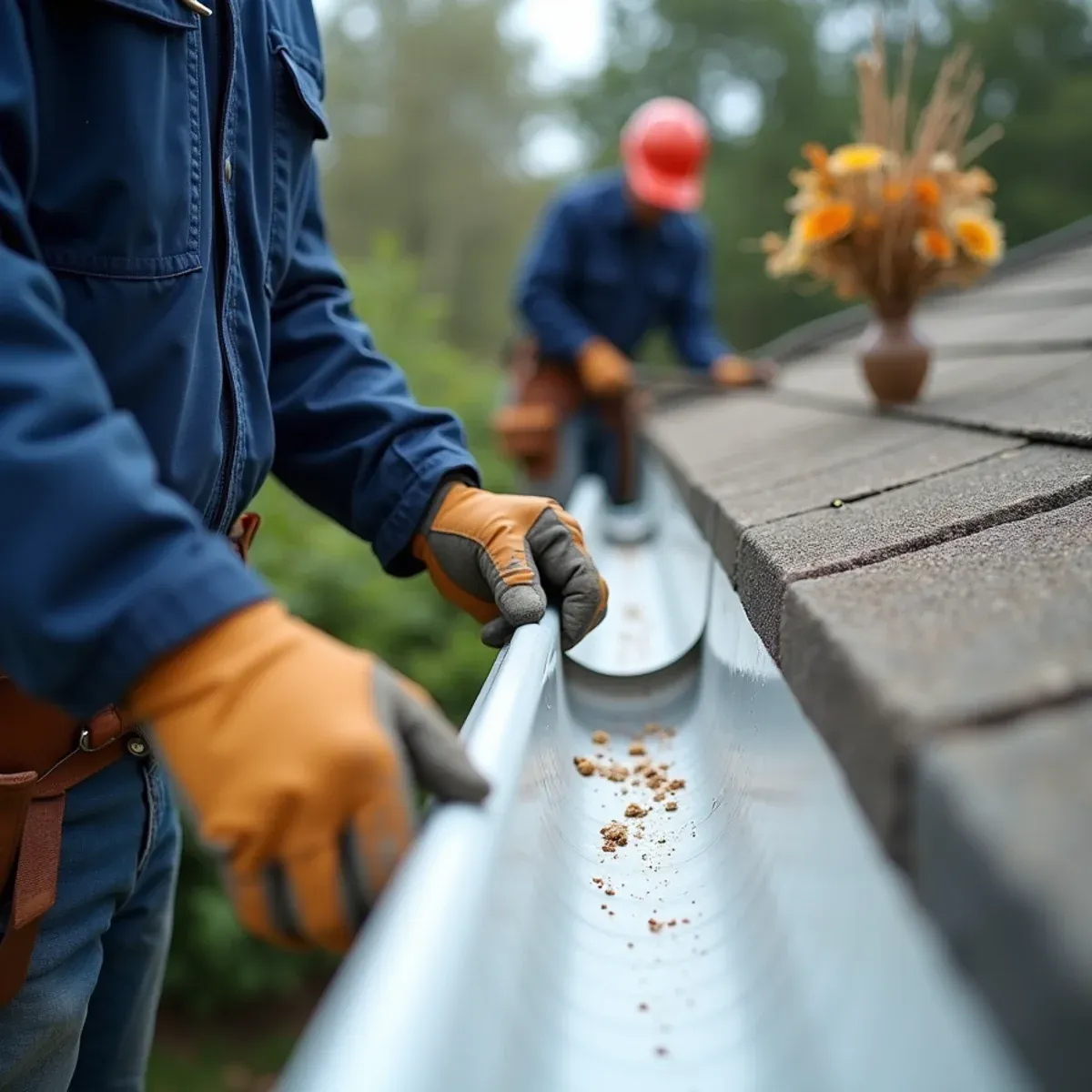 Leaf debris snagging on protruding sectional seams compared to unobstructed flow in seamless trough