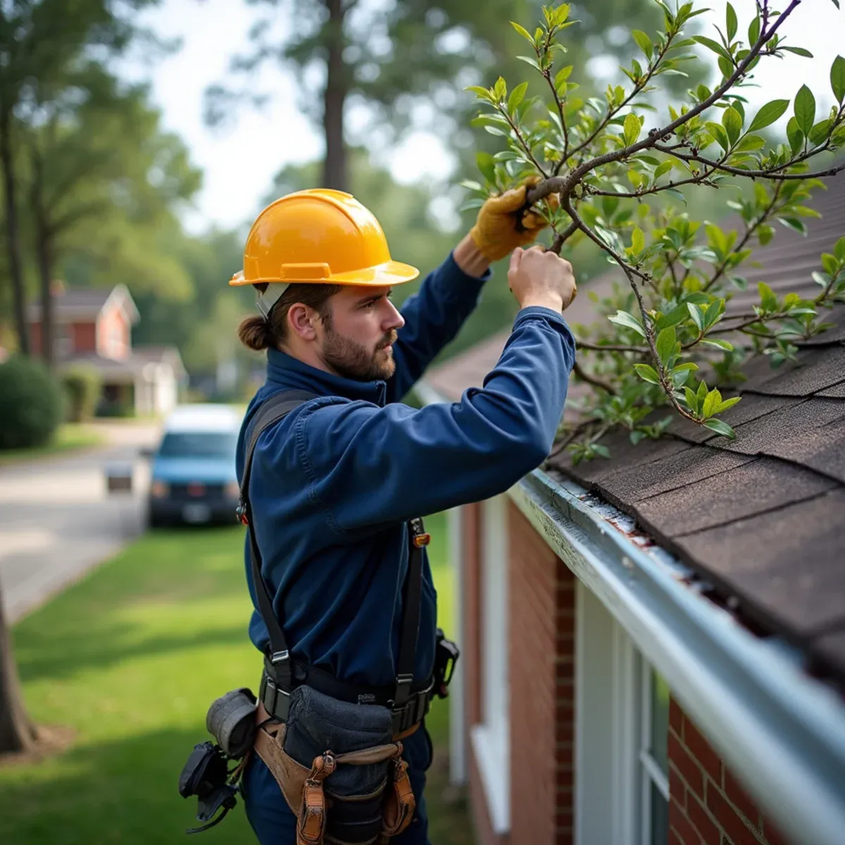 Carefully lifting fallen tree branch off roof edge without causing secondary roof shingle damage