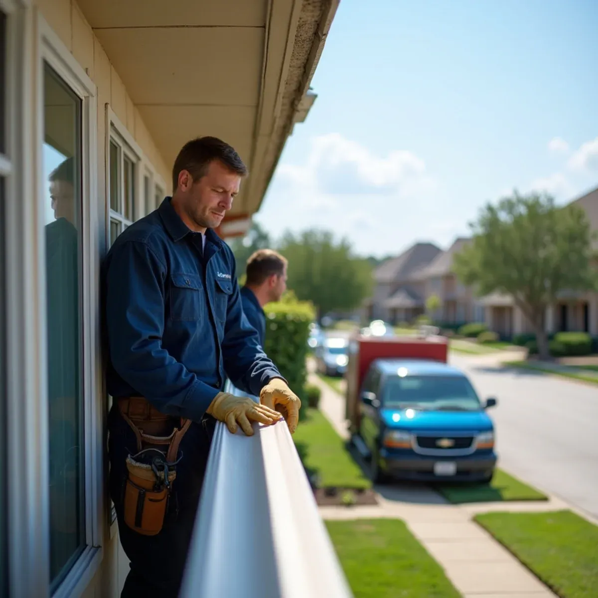 Commercial gutter installation crew securing heavy-gauge box gutters on commercial building in Houston