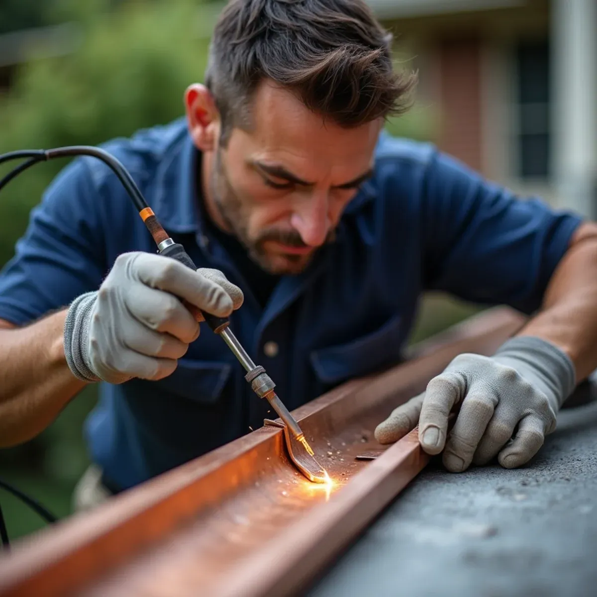 Experienced metalsmith soldering inside corner miter on solid copper gutter trough with clean flux lines