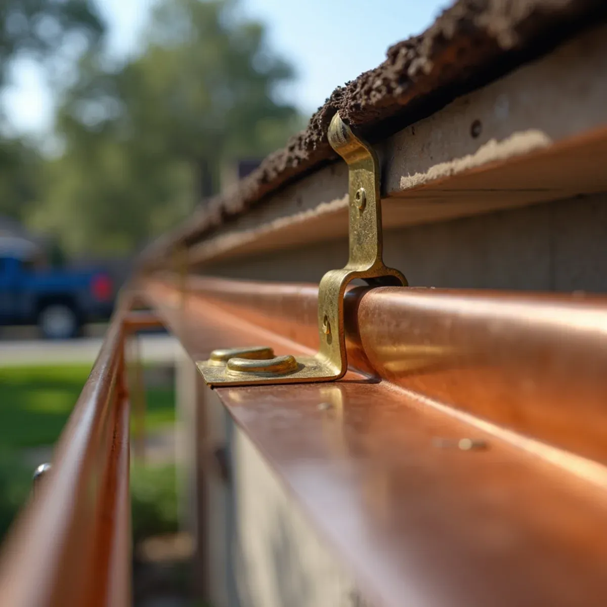 Heavy cast brass hidden hangers securing 16-ounce copper gutter trough to cedar fascia board