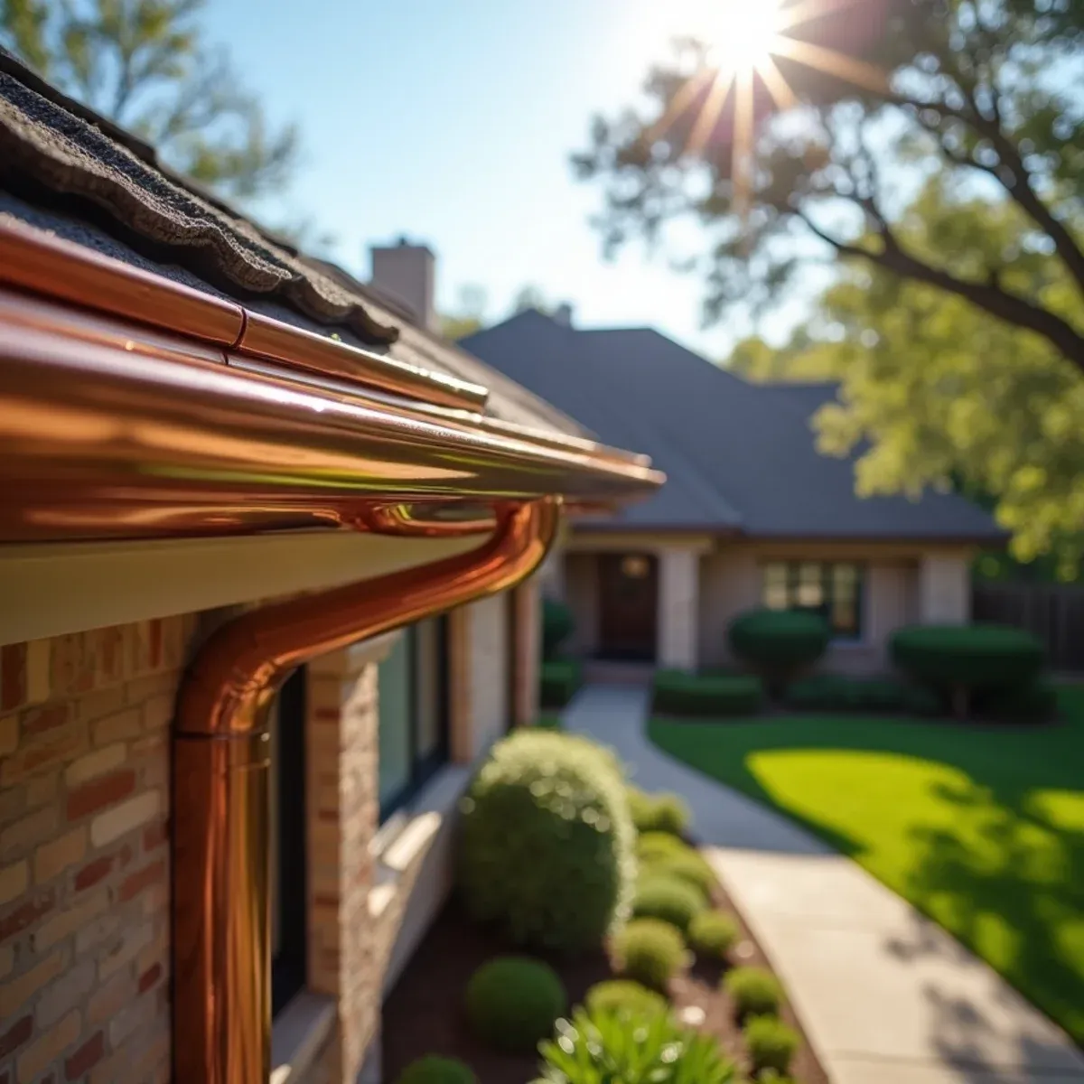 Solid 16-ounce architectural copper seamless gutters gleaming under Texas sun on custom brick residence