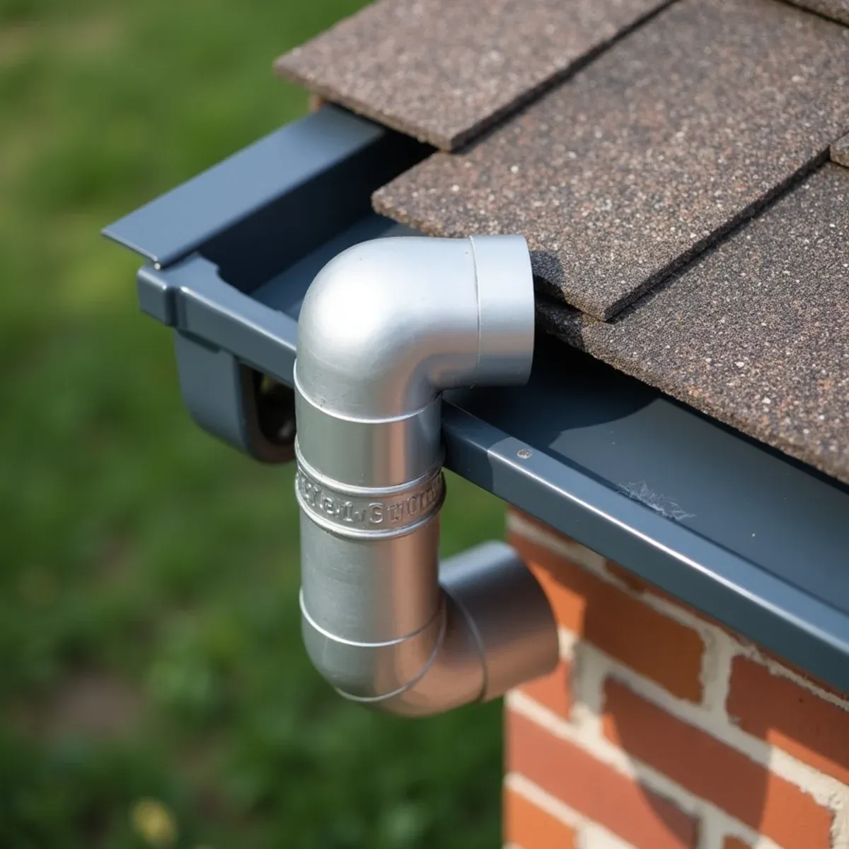 Custom-crimped elbows routing downspout tightly around decorative brick architectural ledge