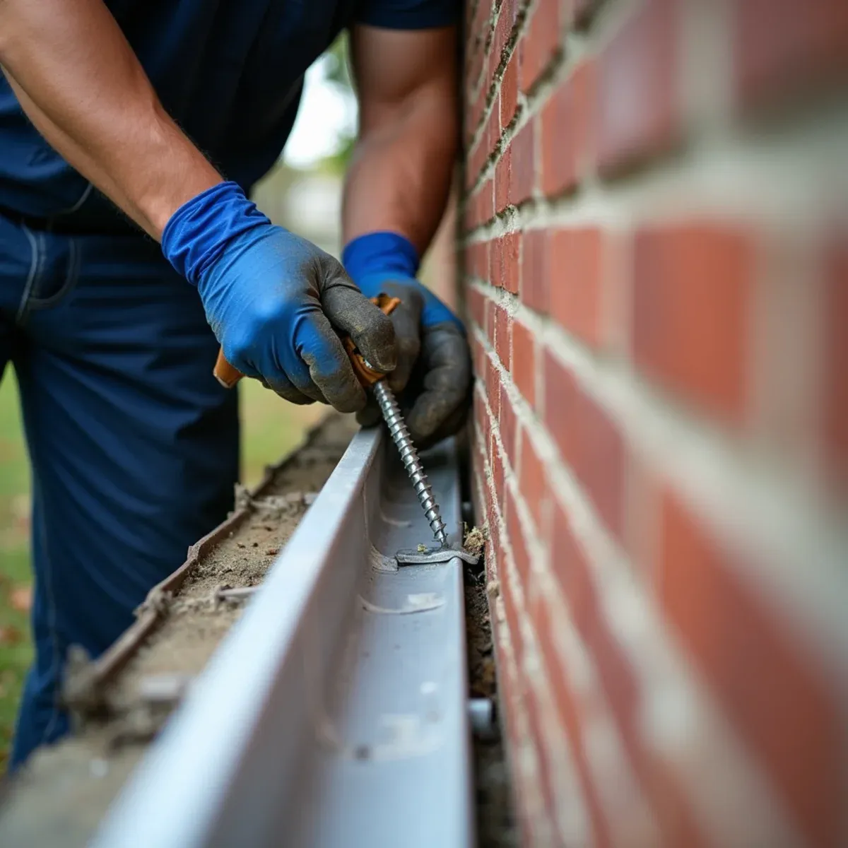 Structural aluminum downspout wall brackets anchored into brick mortar joints with masonry screws