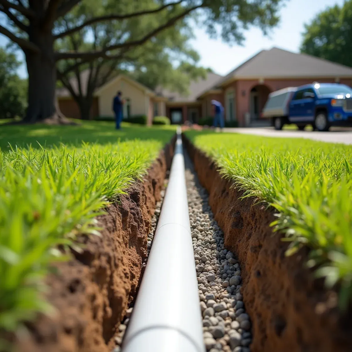 Excavated lawn trench with rigid white SDR-35 PVC pipe sloped away from concrete slab foundation