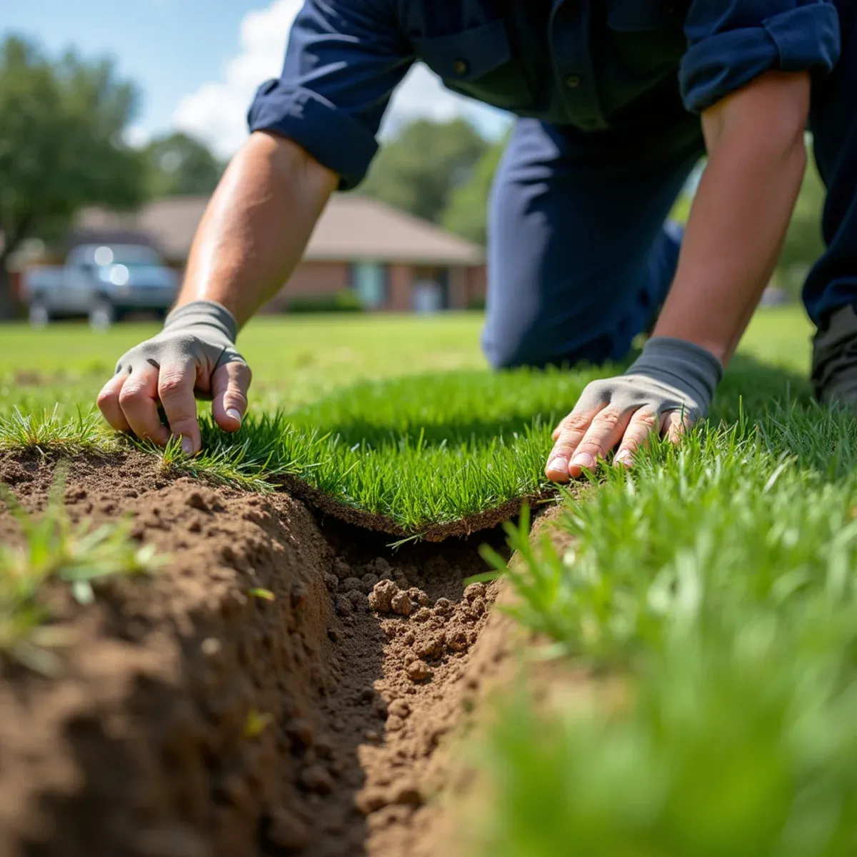 Carefully relaying cut turf grass over backfilled drainage trench leaving lawn pristine
