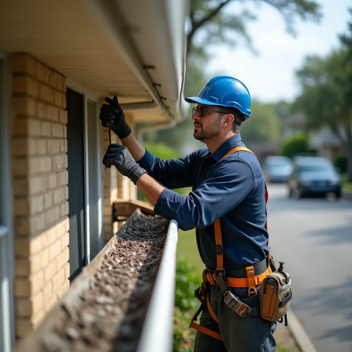 Emergency gutter technician securing storm-damaged hanging gutter run during post-storm service call