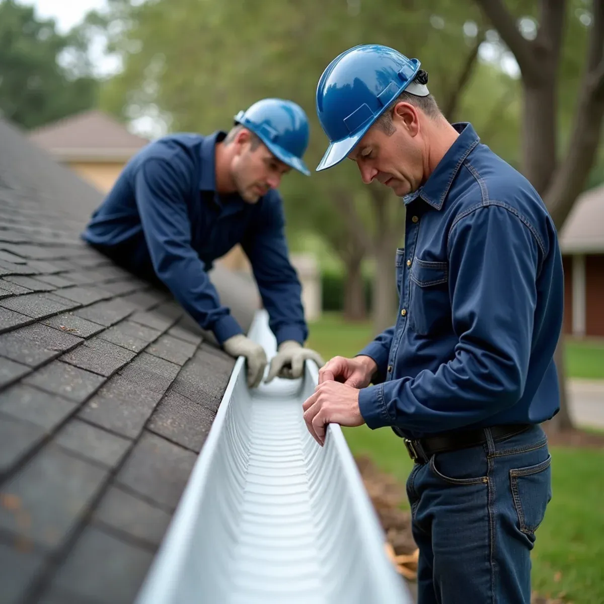 Checking extruded gutter trough for twists or bends to determine if reattachment is safe and sound