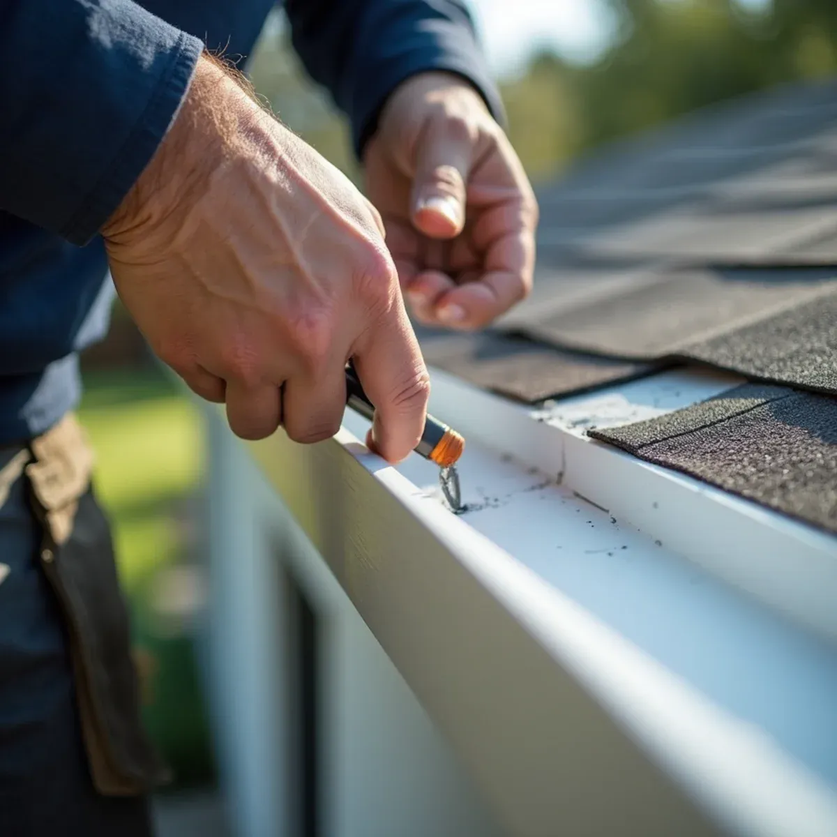 Technician testing hardness of newly installed fascia board before fastening seamless gutter hangers