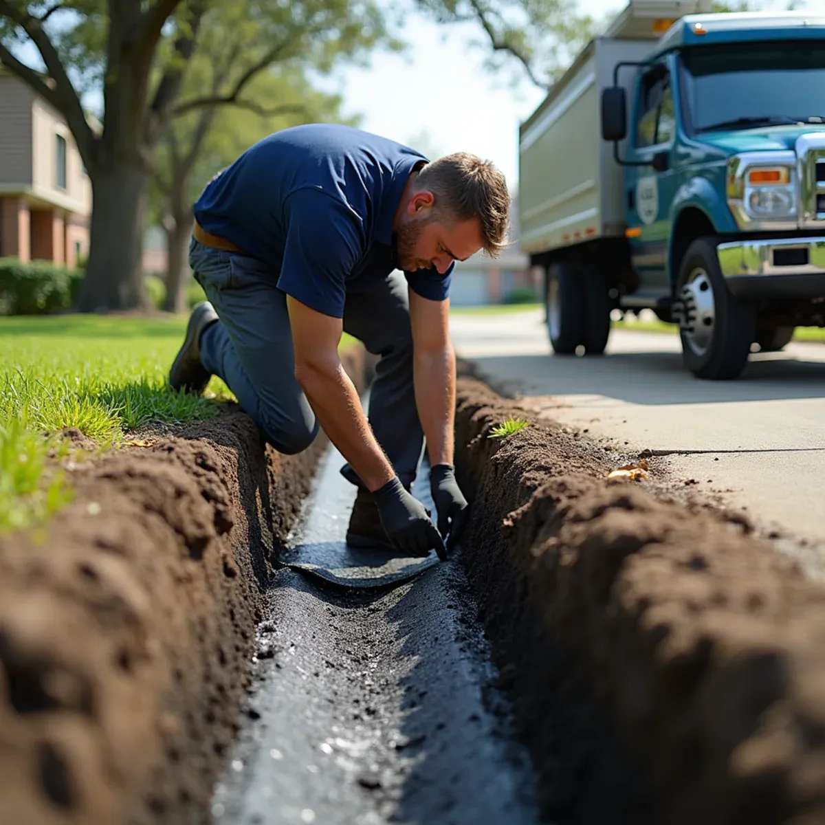 Heavy non-woven filter fabric lining bottom and sides of trench to prevent clay soil infiltration