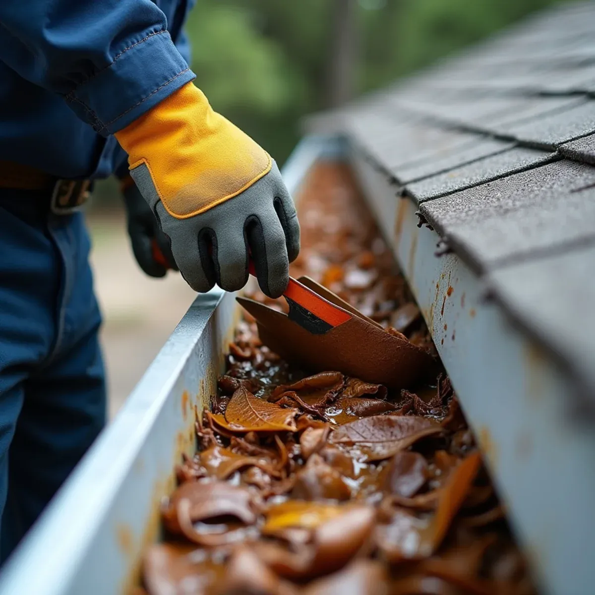 Specialist wearing heavy work gloves removing compacted wet live oak leaves and catkins by hand