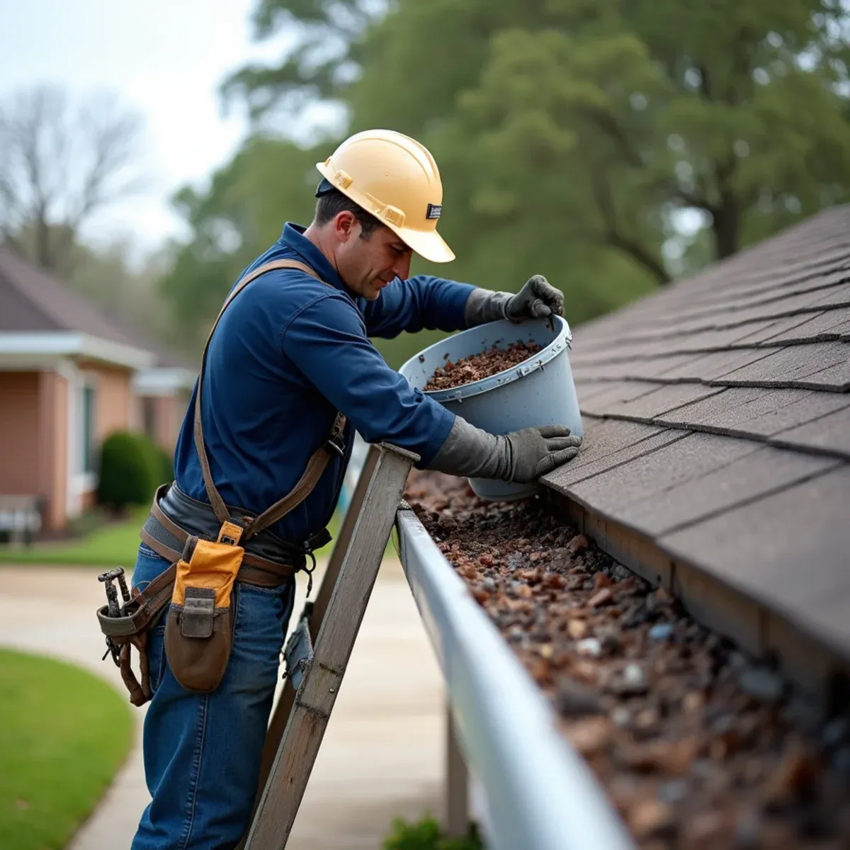 Clean job-site practices collecting scooped gutter sludge directly into bucket rather than dropping on lawn