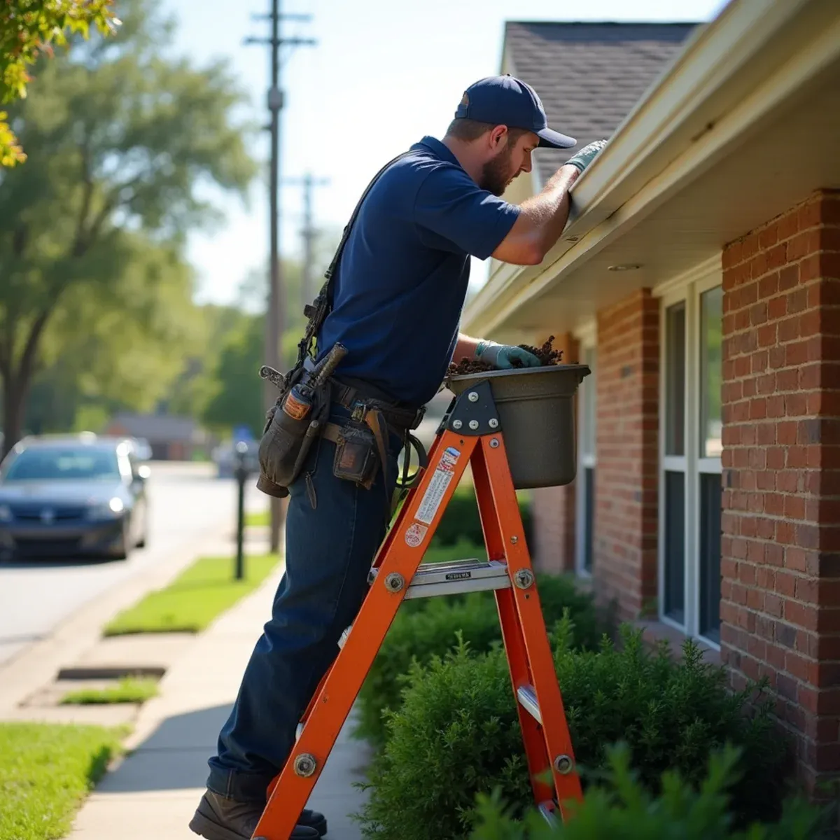 Gutter cleaning technician on ladder with standoff stabilizer hand-scooping oak debris from roofline into bucket
