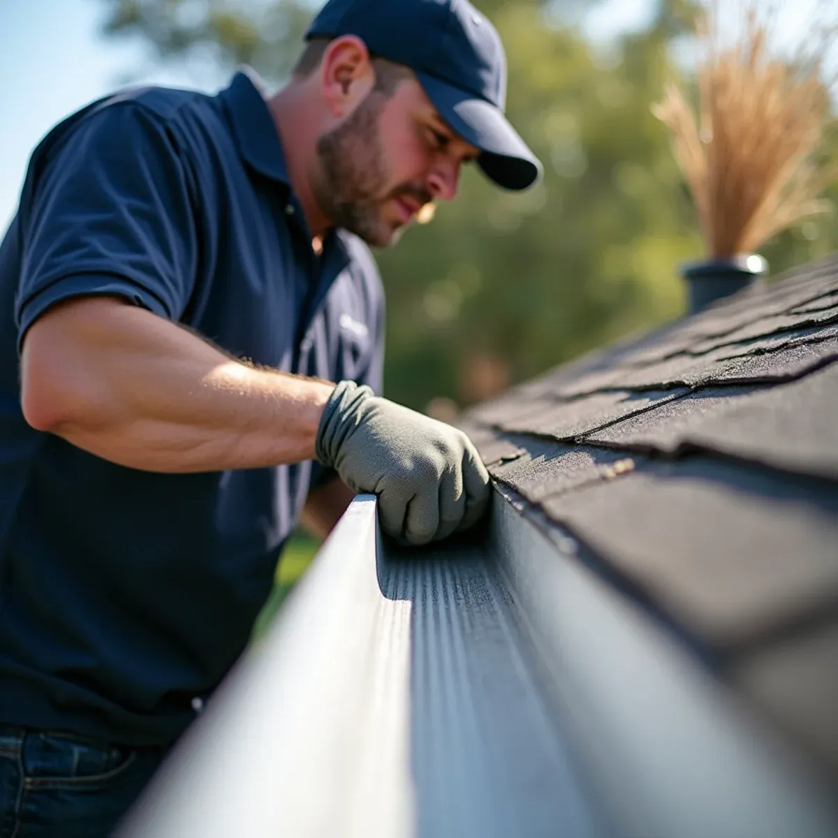 Sliding rear flange of leaf guard securely under bottom shingle layer without penetrating roof membrane