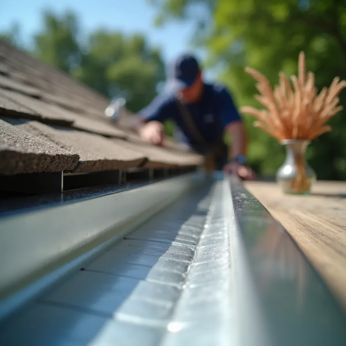 Tucking gutter back edge cleanly under metal drip edge flashing to prevent water infiltration
