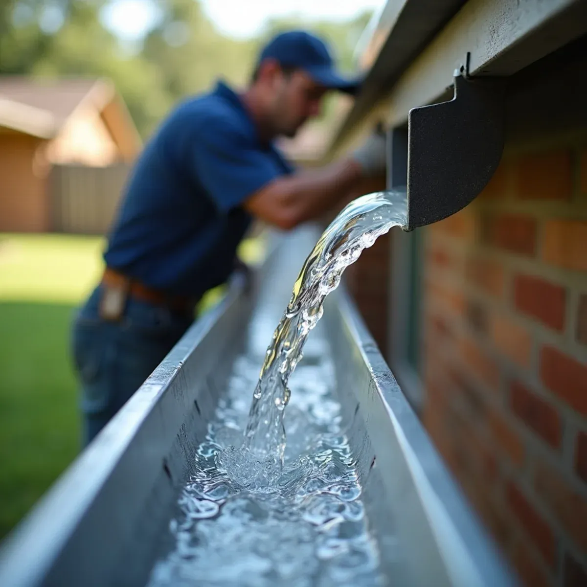 Water flowing rapidly down realigned gutter trough into downspout without splashing or pooling