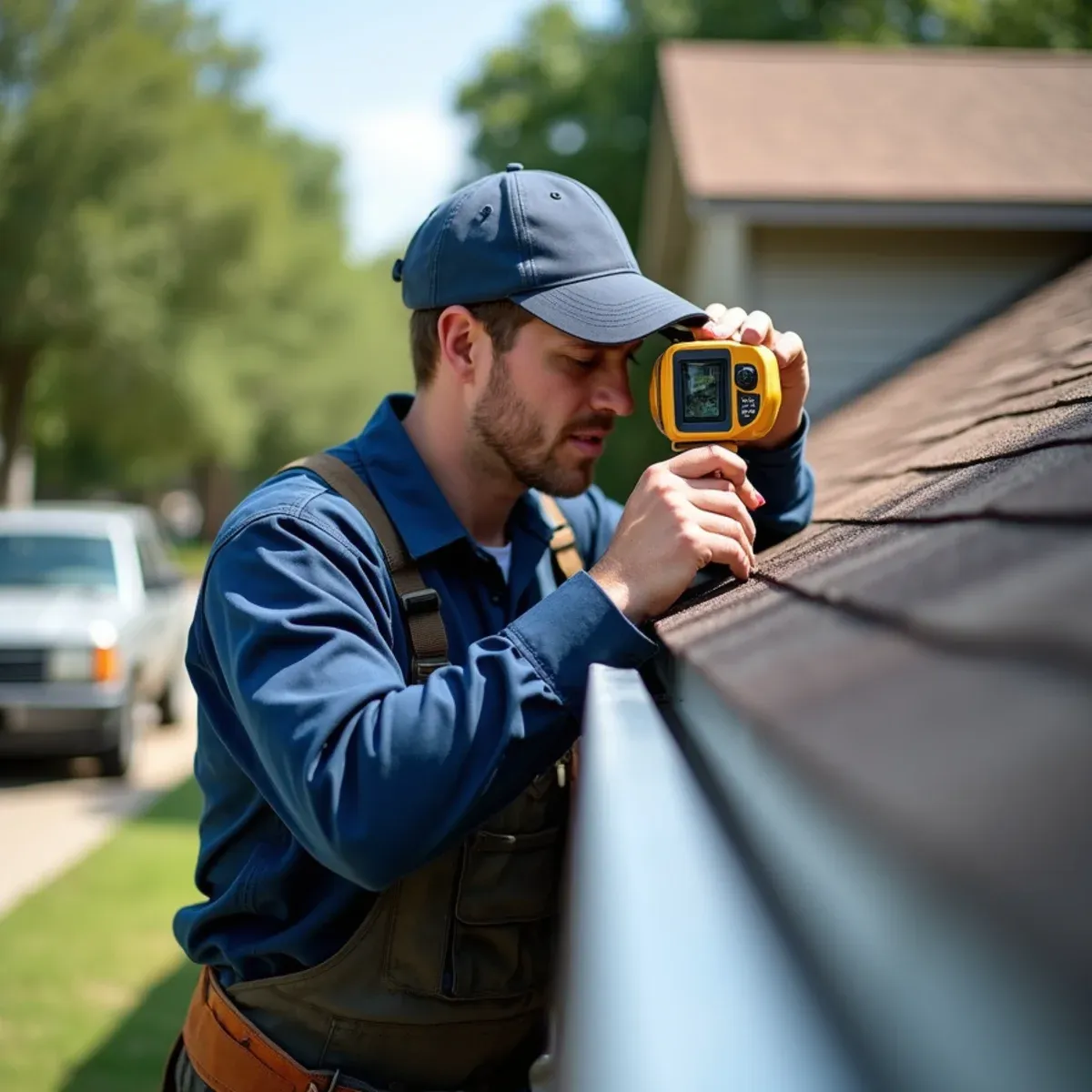 Technician adjusting slope and alignment of gutter run using digital angle finder on residential roof eave