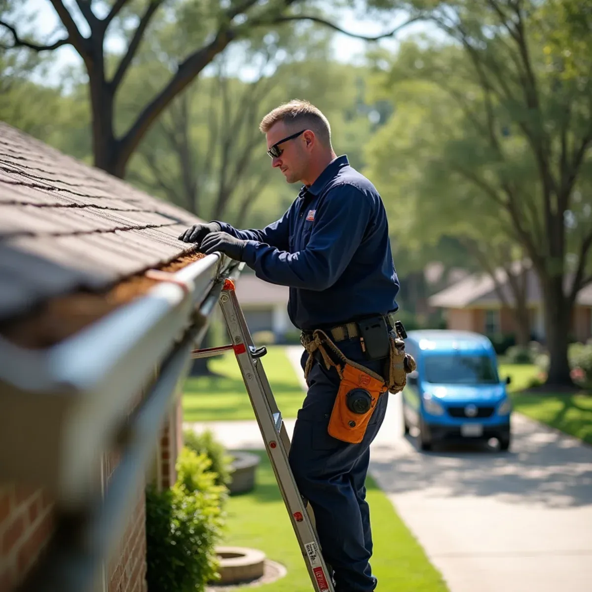 Technician on ladder with standoff arms re-securing loose gutter run and checking slope on Houston suburban home