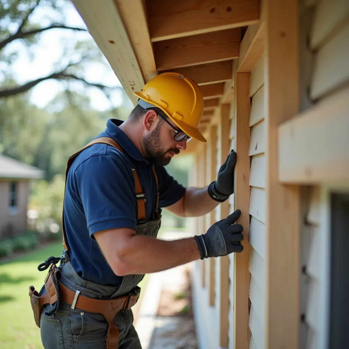 Carpenter installing fresh rot-resistant primed exterior trim board along exposed rafter tails