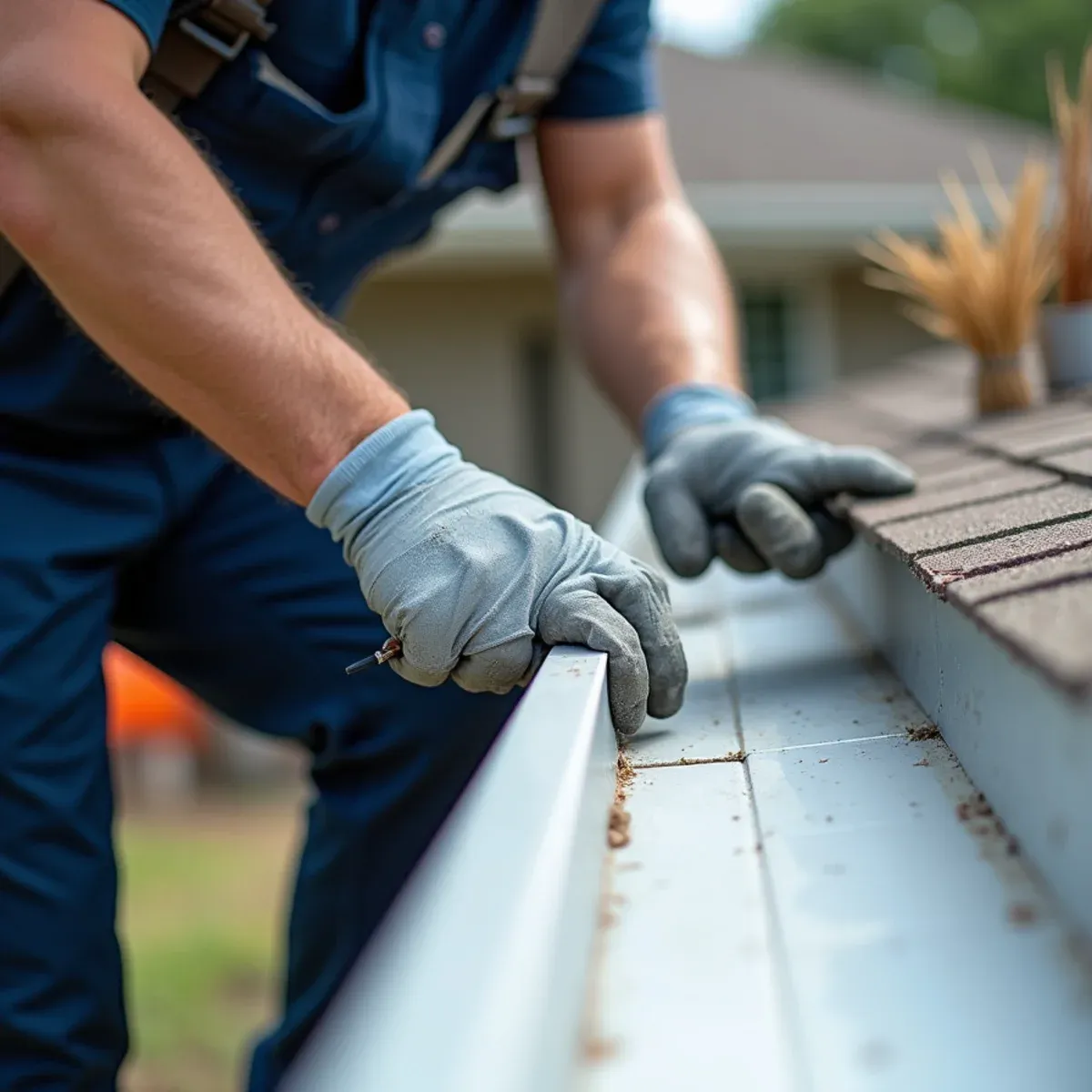 Technician hand-crimping and sealing inside box miter corner with tripolymer elastomeric sealant