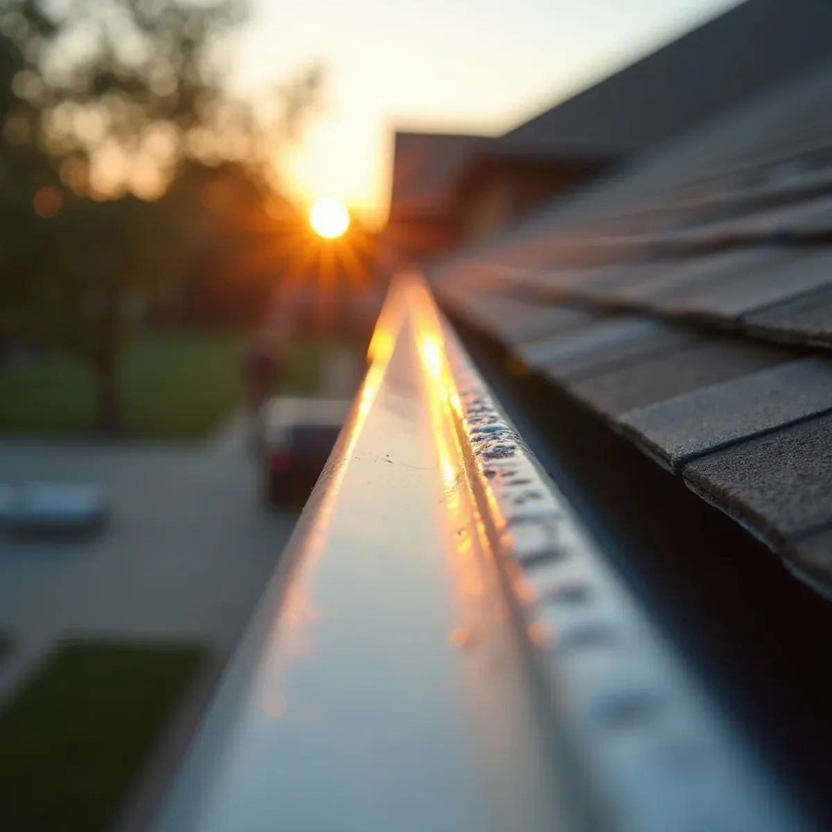 Smooth rolled exterior bead of continuous half-round gutter run catching morning light