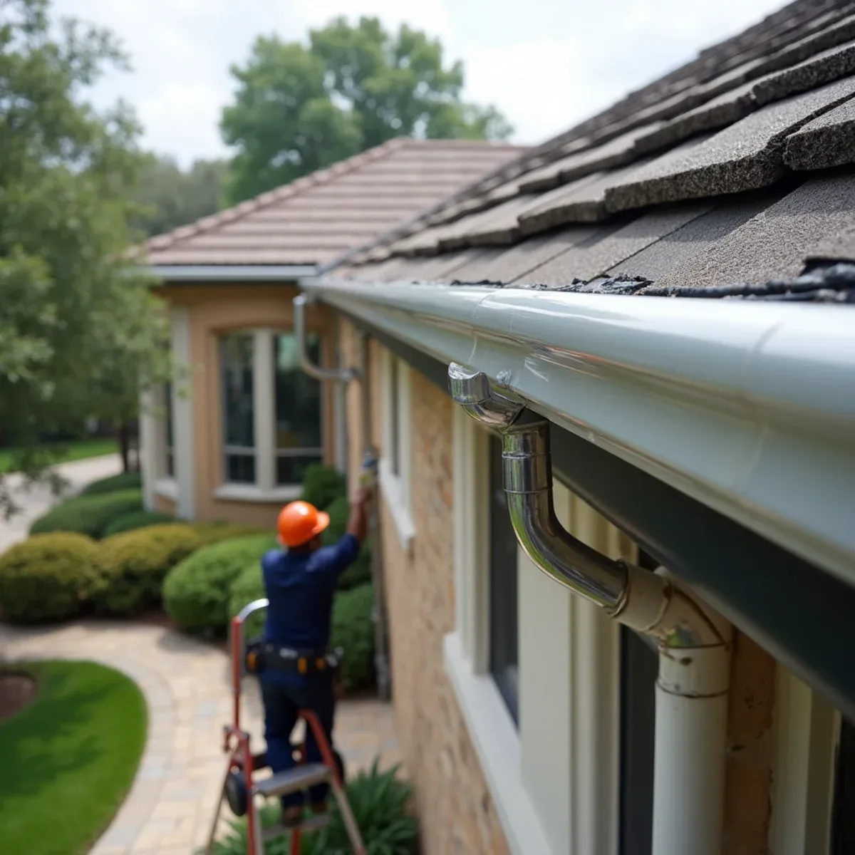 Architectural half-round seamless aluminum gutters installed along curved roofline of luxury Mediterranean home