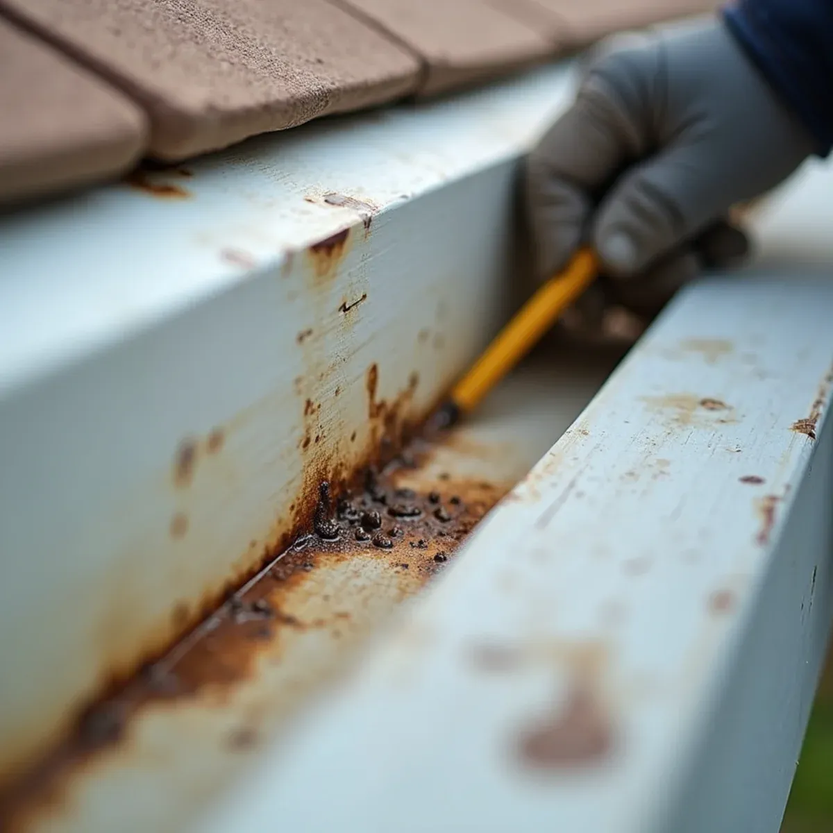 Water discoloration and mineral streaks underneath a failing corner gutter seam