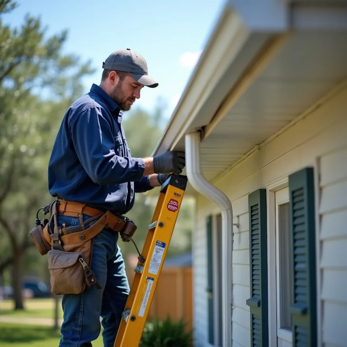 Installer resealing a leaking corner box miter on two-story Houston home under clear Texas skies