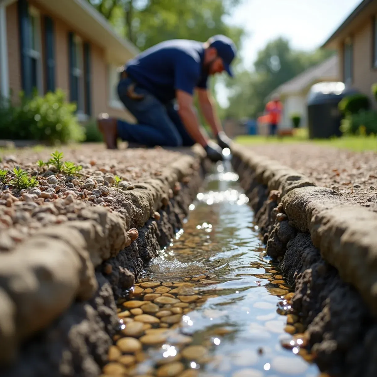 Concealed overflow pipe beneath decorative basin carrying water away to lawn drainage