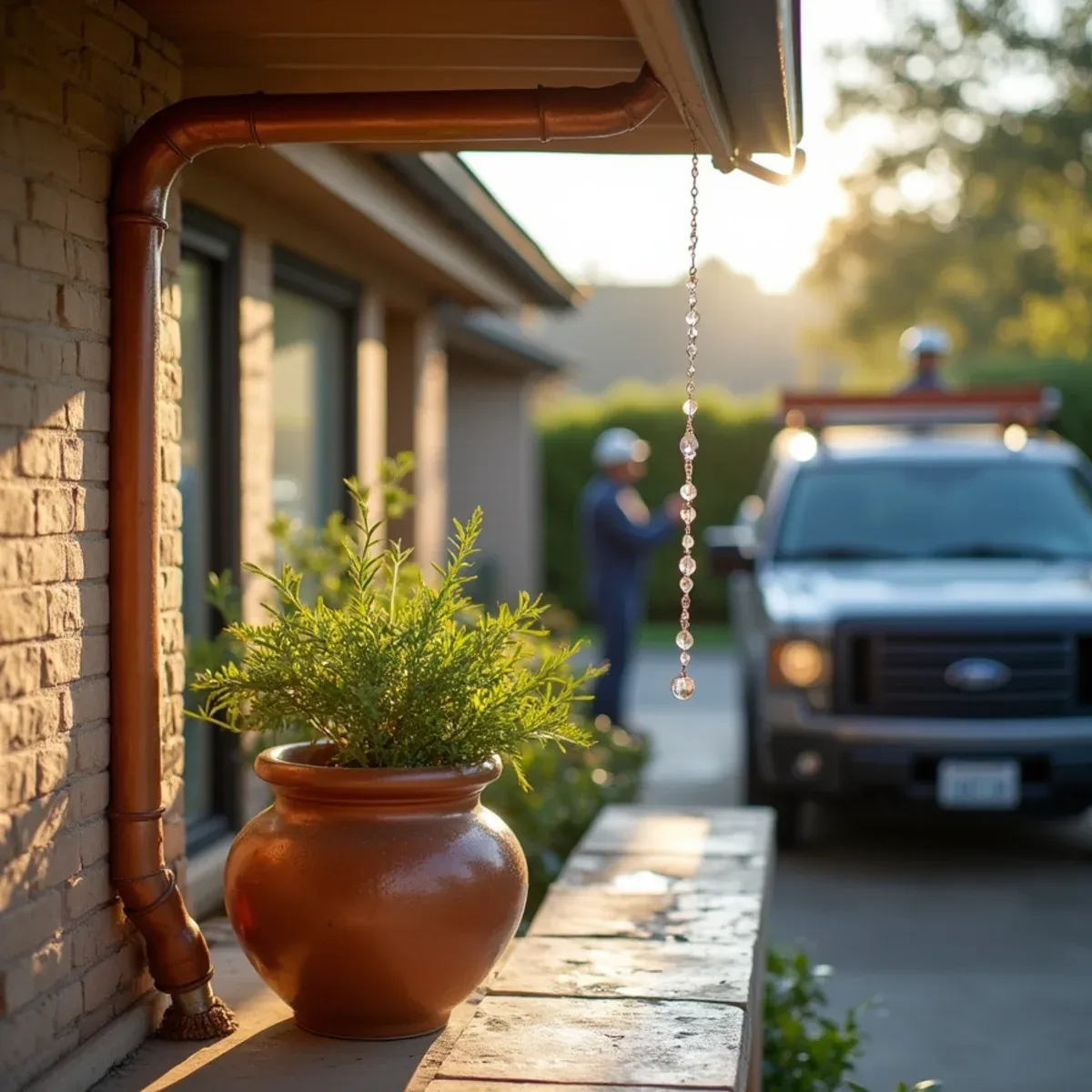 Elegant architectural hammered copper rain chain guiding water gracefully down from roof eave into planter