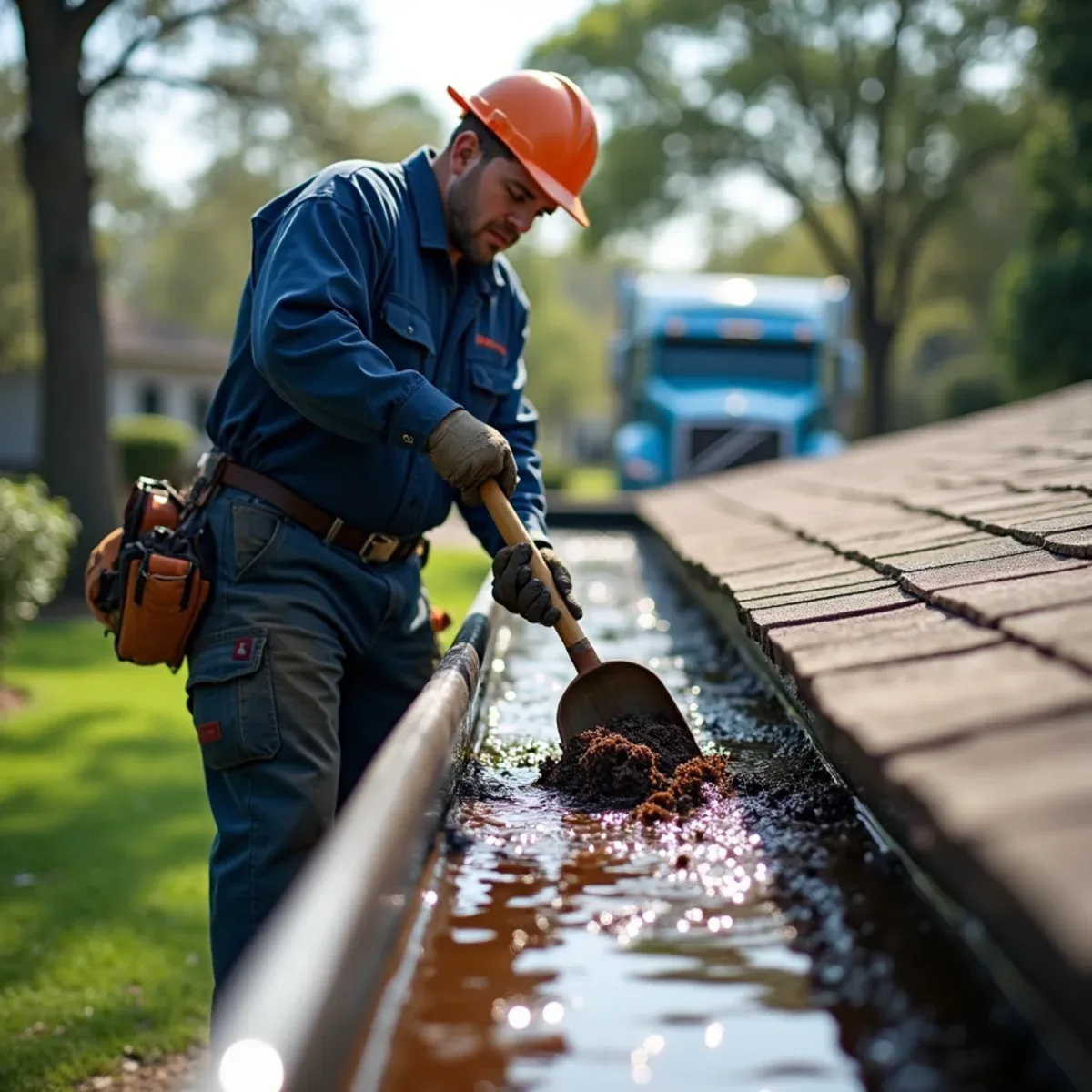 Removing stagnant ponding water and wet debris from low belly of sagging gutter run