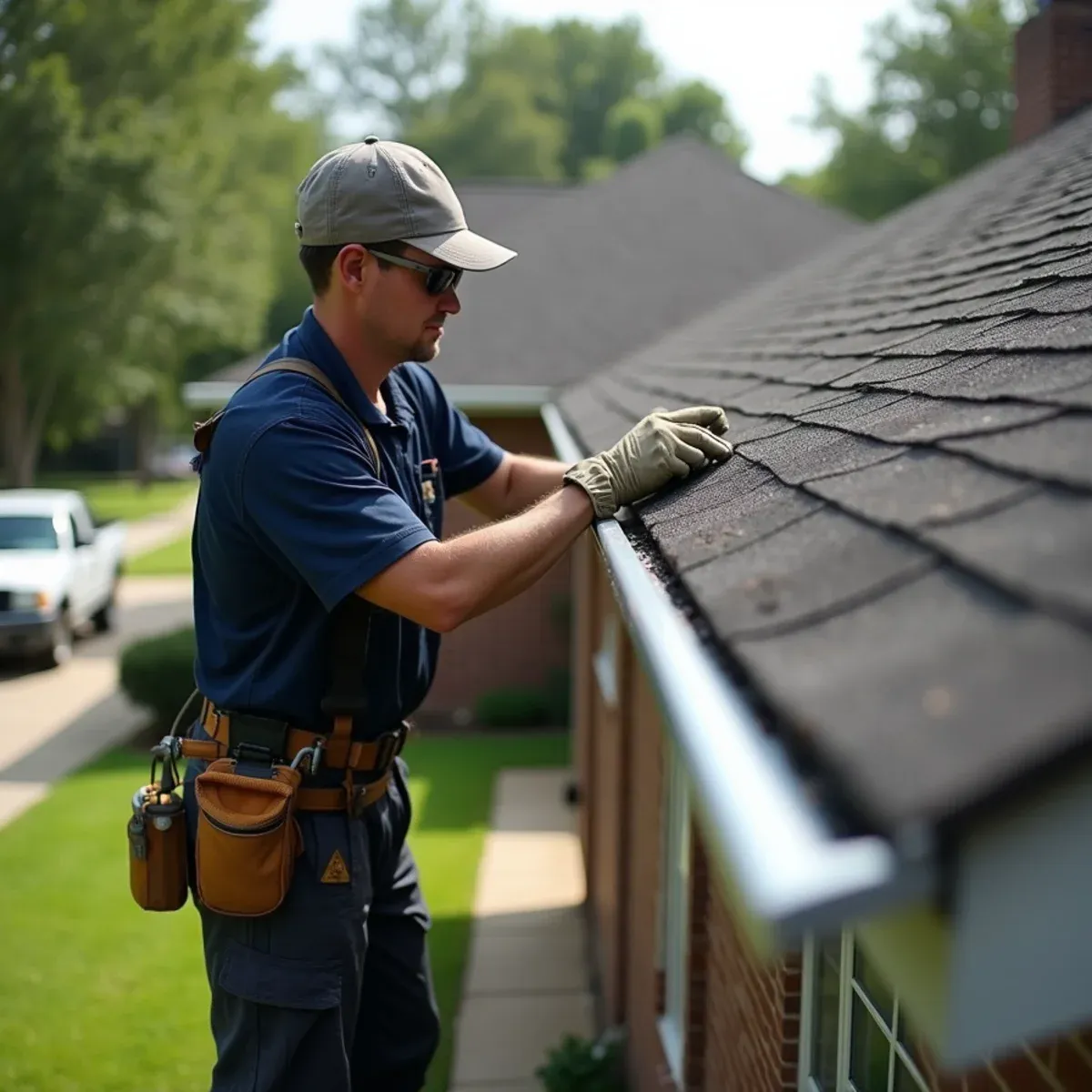 Gutter specialist re-pitching a sagging, water-laden aluminum gutter along roofline of Houston one-story home