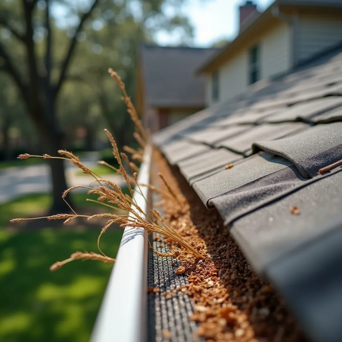 Micro-mesh gutter guard shedding heavy wet pine straw under dense Atascocita pine tree canopy