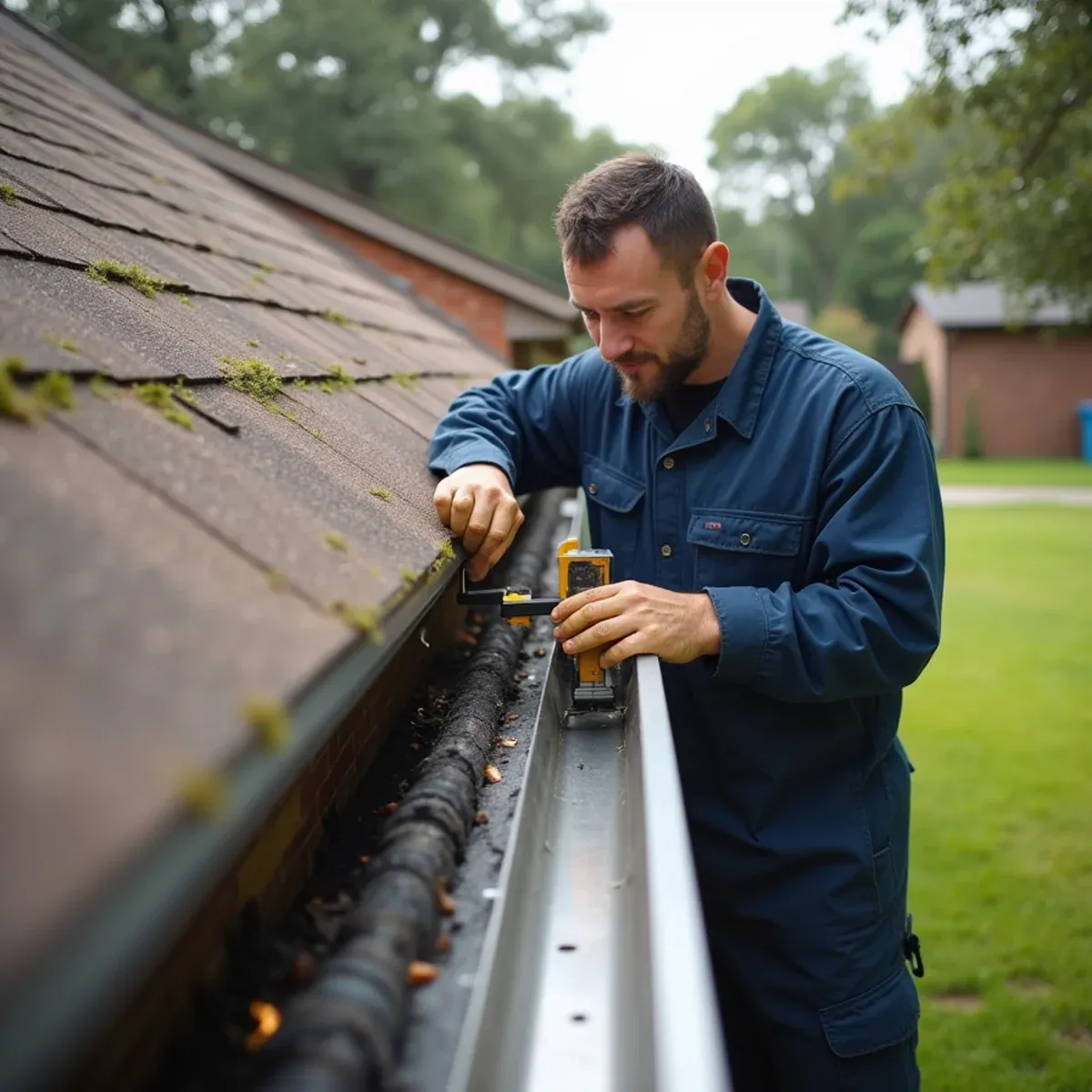 Technician adjusting gutter pitch with torpedo level on single-story brick home near San Jacinto River