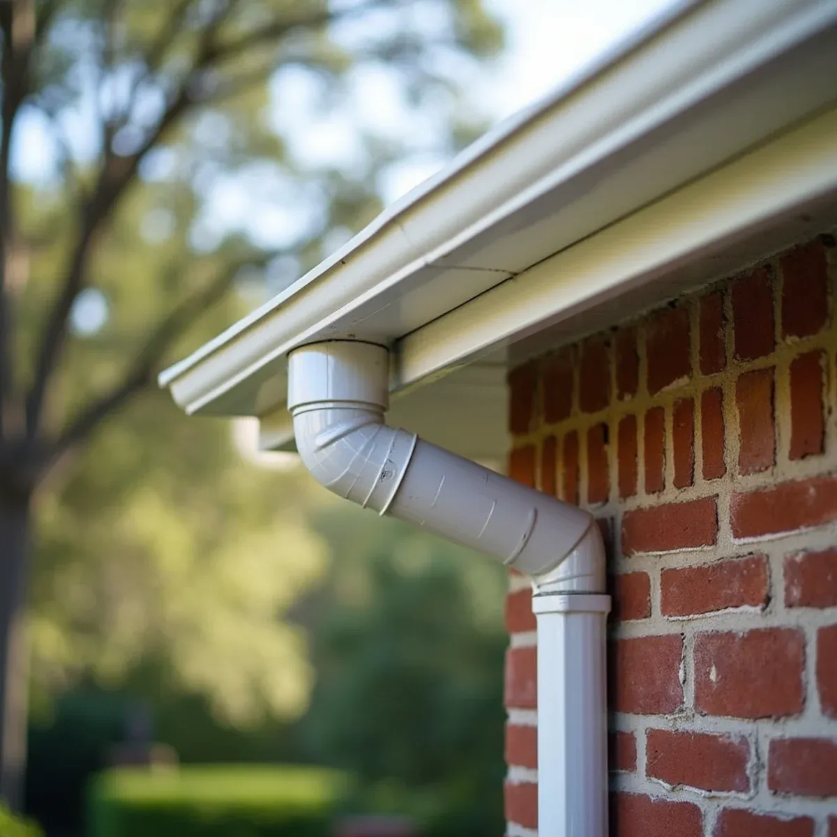 Oversized downspouts mounted on brick columns handling vast roof surface water volume