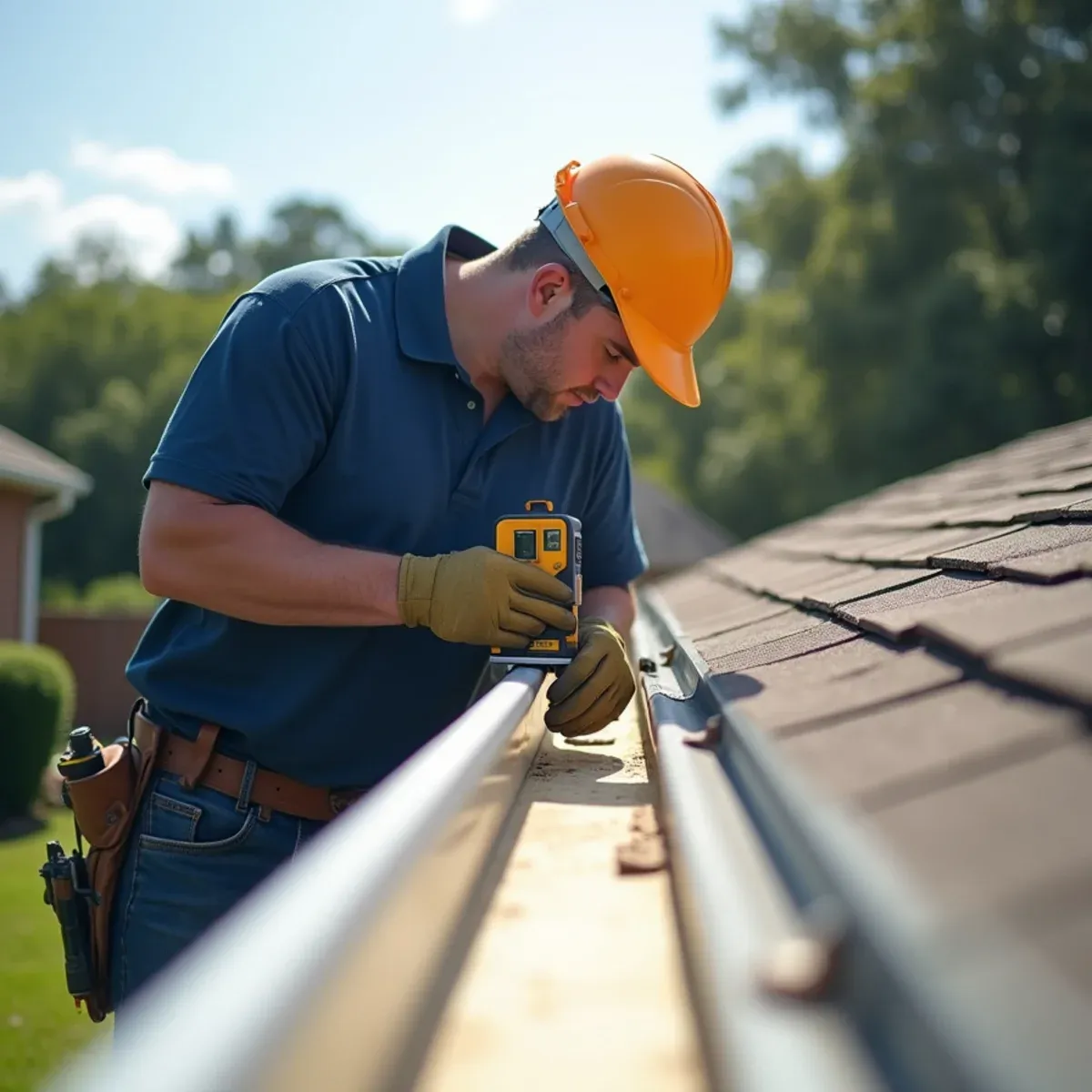 Confirming precise 1/8-inch per foot slope along 50-foot continuous gutter run