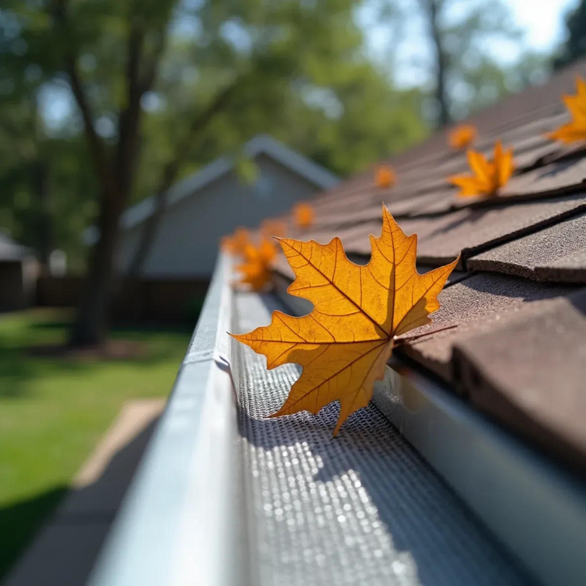Stainless steel leaf screen keeping stringy spring oak tassels out of gutter troughs