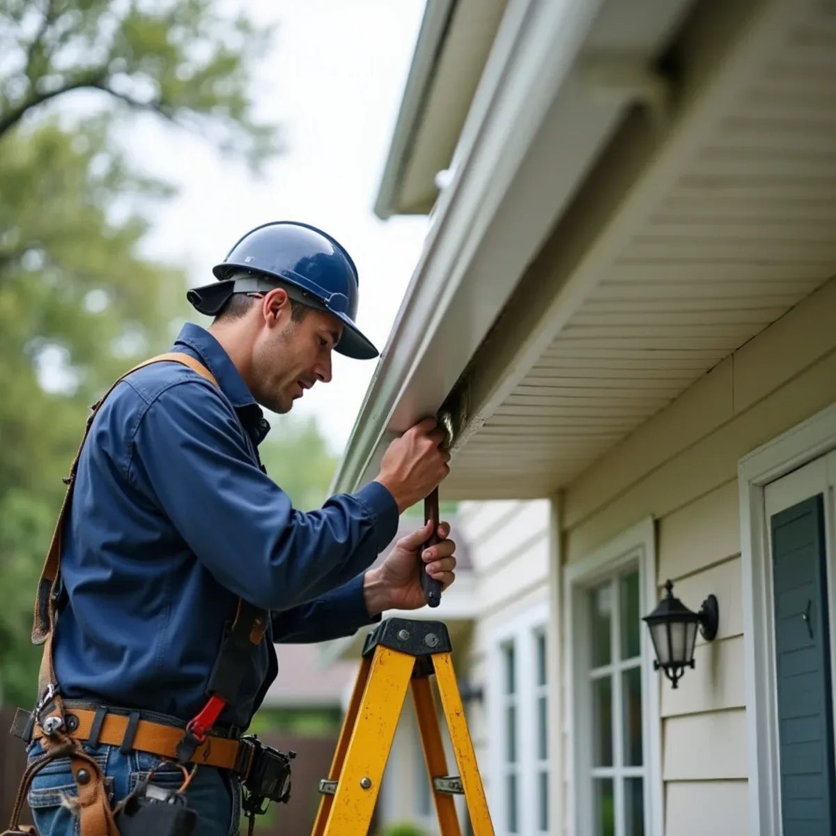 Technician testing wood sub-fascia firmness with awl along roofline of Harris County residence