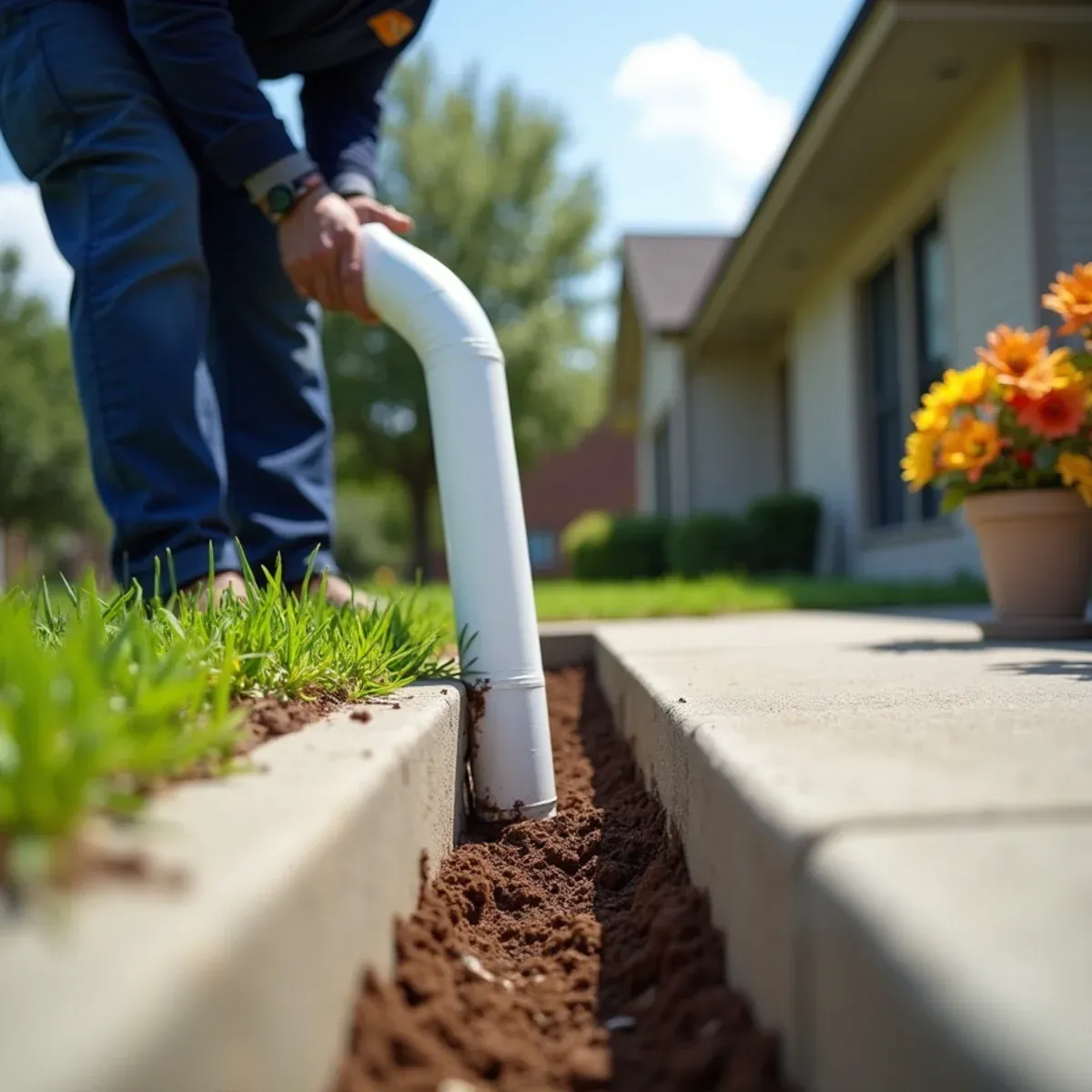 Downspout extension discharging rainwater 6 feet away from expansive black clay foundation